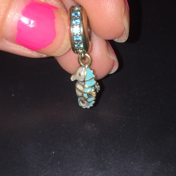 Pandora Sterling Silver Seahorse with Blue/Turquoise Crystals Dangle Charm; EUC - Picture 2 of 2